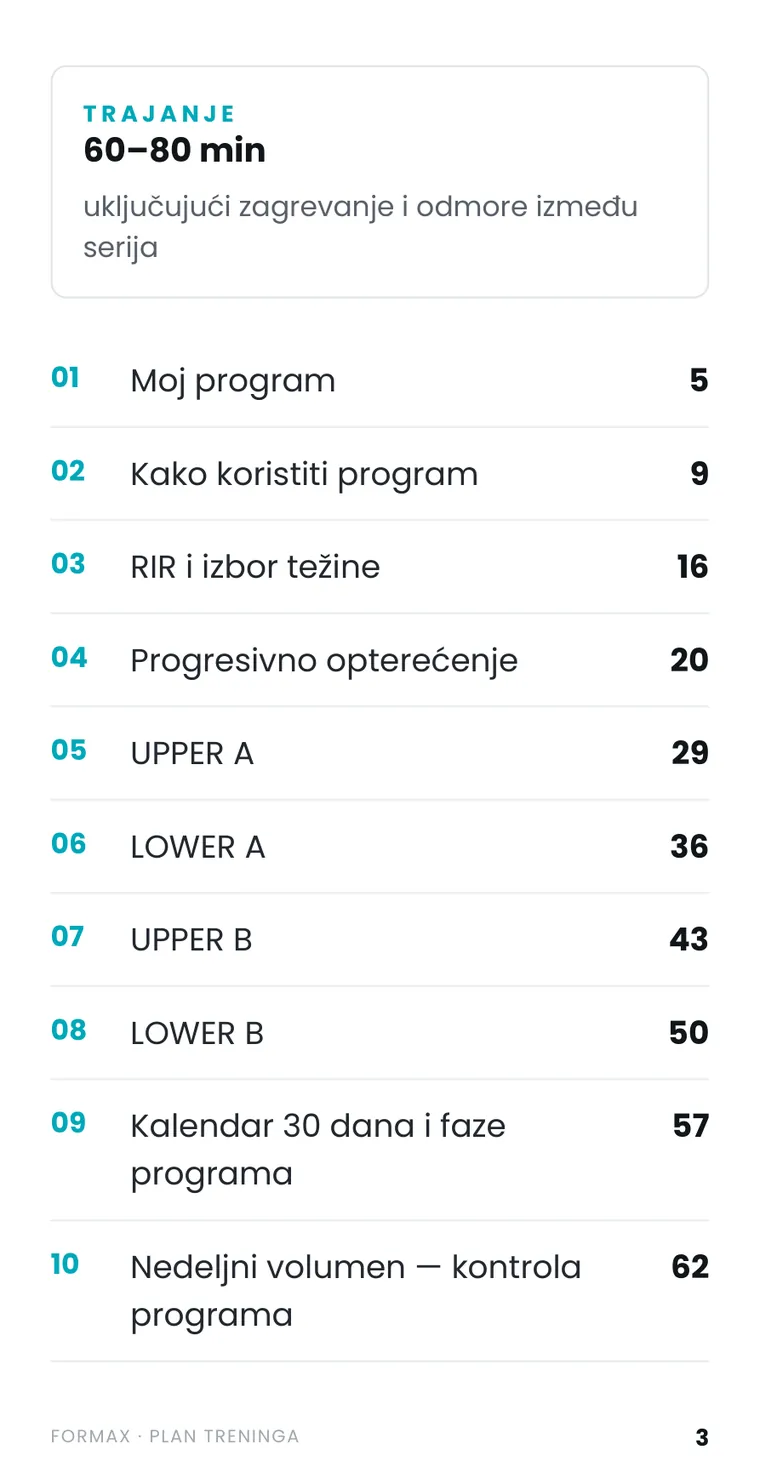 Sadržaj — isečak iz ForMax plana treninga